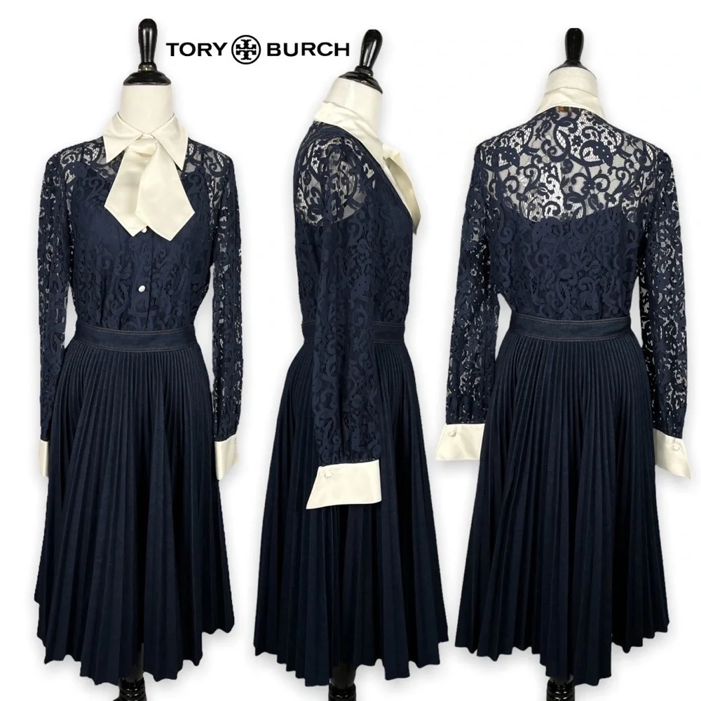 Tory Burch NWT navy lace blouse w/ ivory cuffs & collar with removable neck tie